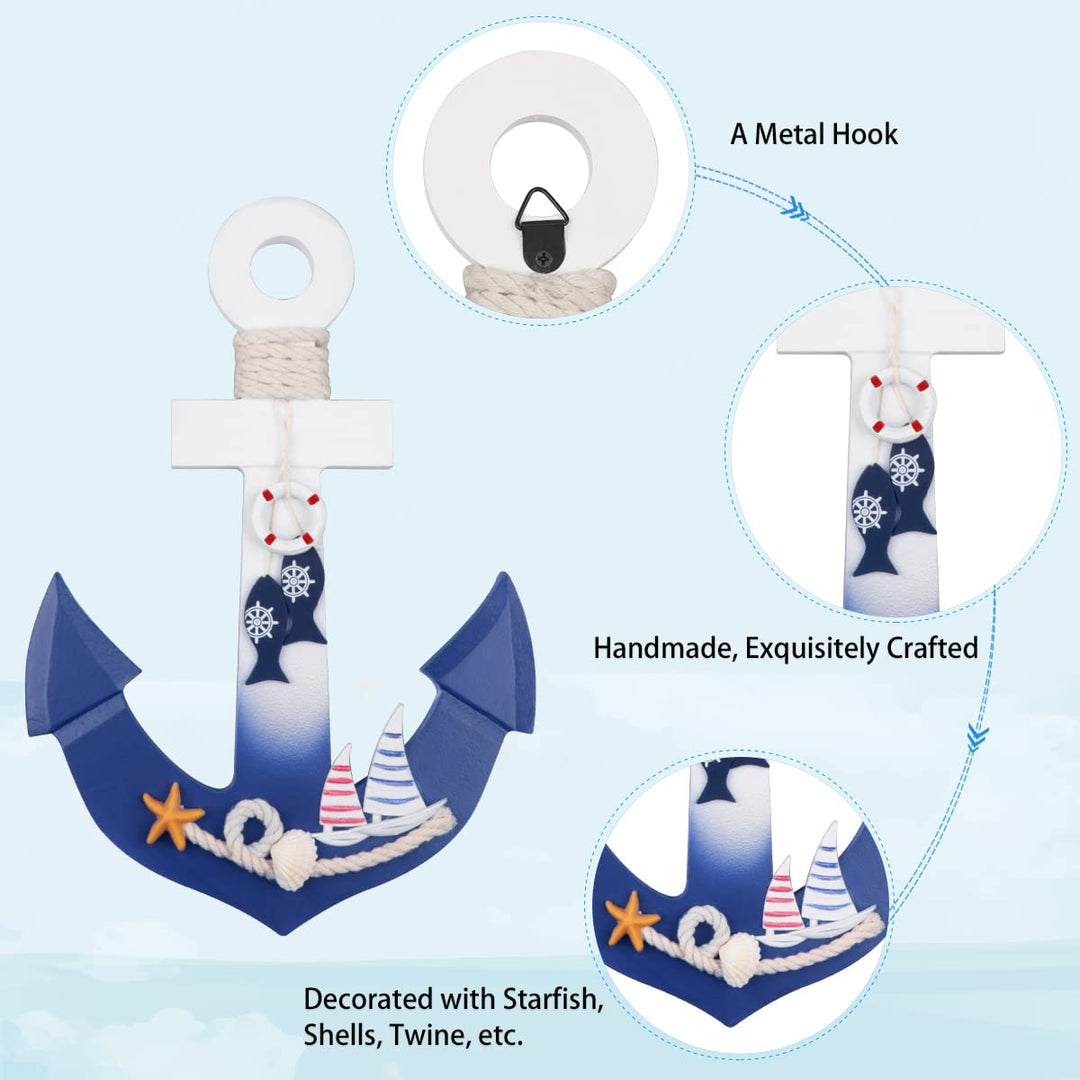 2 Pack 11 Nautical Beach Wooden Ship Wheel and 11 Wooden Anchor with Rope Nautical Boat Steering Wheel Rudder Anchor Wall Art Decor Door Hanging Ornament Beach Theme Home Decoration(White&amp;Blue)