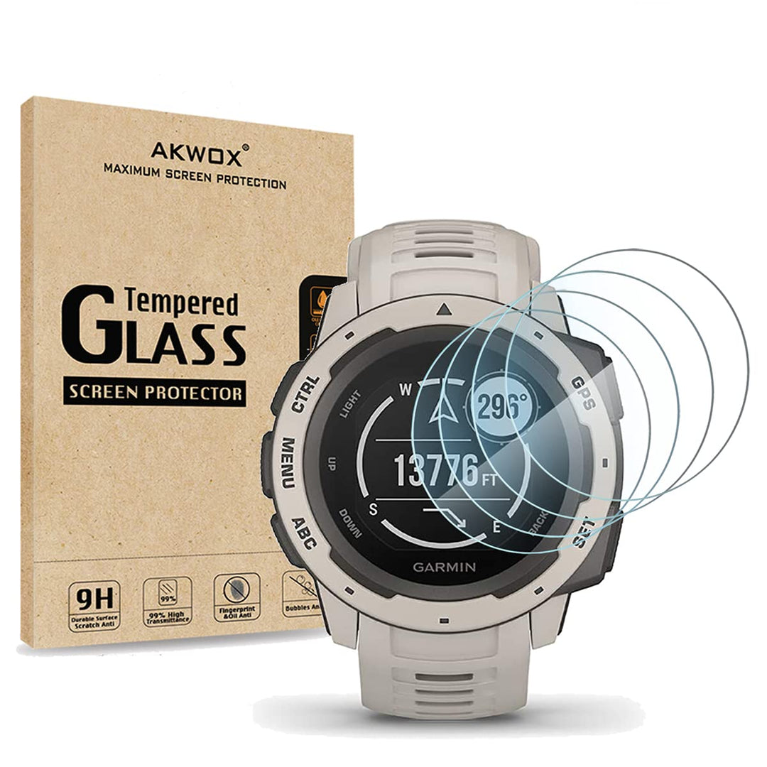 AKWOX [4 Pack] Compatible for Garmin Instinct Smartwatch Tempered Glass Screen Protector, 2.5D Arc Edges 9 Hardness HD Anti-Scratch Bubble-Free [Lifetime Replacement Warranty]