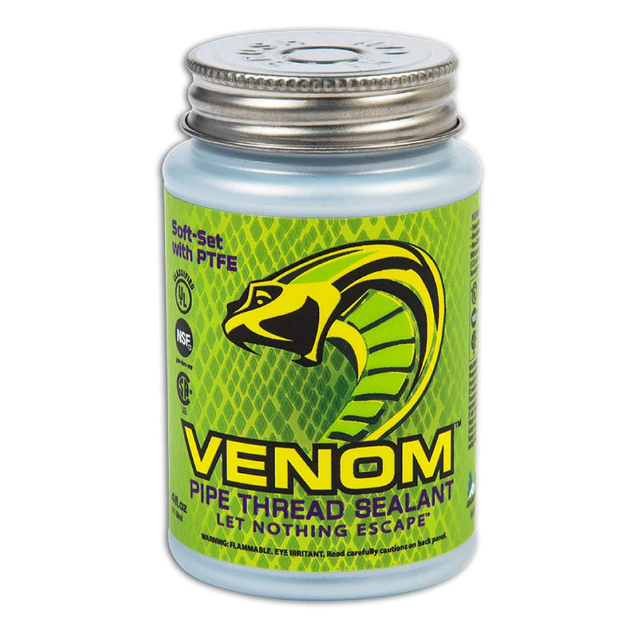 Venom Pro-Grade PTFE Pipe Thread Sealant, Soft-Set, High Viscosity, Low Odor, for All Piping Types, 4 fl. oz. Bottle with Brush Cap, Ideal for Gas, Water, Oil, Extreme Temps, 10,000 PSI Liquids