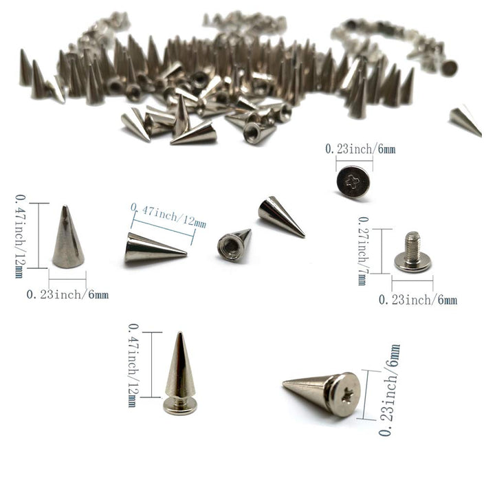 6x12MM Silver Cone Spikes Punk Rivets Screwback Studs Metal Bullet Spikes for Clothing DIY Leather Craft, Set of 120 by Baryuefull