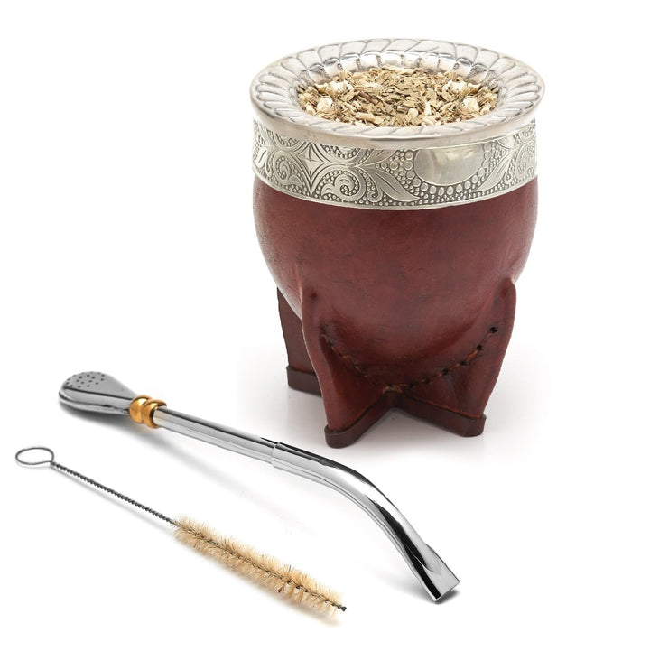 Premium Yerba Mate Gourd (Mate Cup) - Uruguayan Mate - Leather Wrapped - Includes Stainless Steel Bombilla and Cleaning Brush. (Imperial Dark Brown)