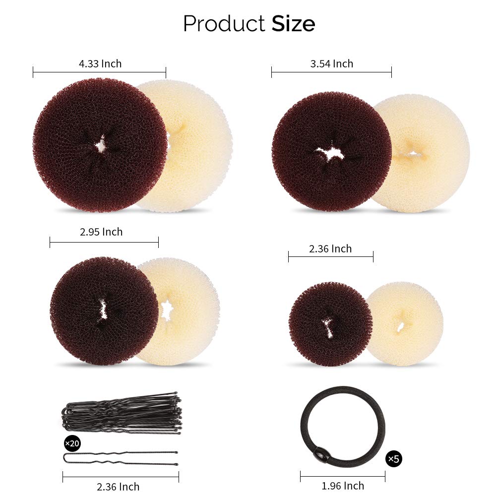 8pcs Hair Donut Bun, Ballet Hair Accessories with 4pcs Dark Brown Donut Bun Maker&amp;4pcs Beige Sock Bun, 5 pieces Hair Elastic Bands, 20 pieces Hair Pins, (2 extra-large, 2 large, 2 medium and