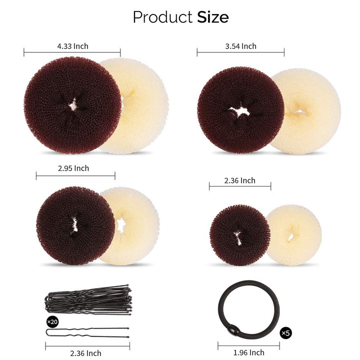 8pcs Hair Donut Bun, Ballet Hair Accessories with 4pcs Dark Brown Donut Bun Maker&amp;4pcs Beige Sock Bun, 5 pieces Hair Elastic Bands, 20 pieces Hair Pins, (2 extra-large, 2 large, 2 medium and