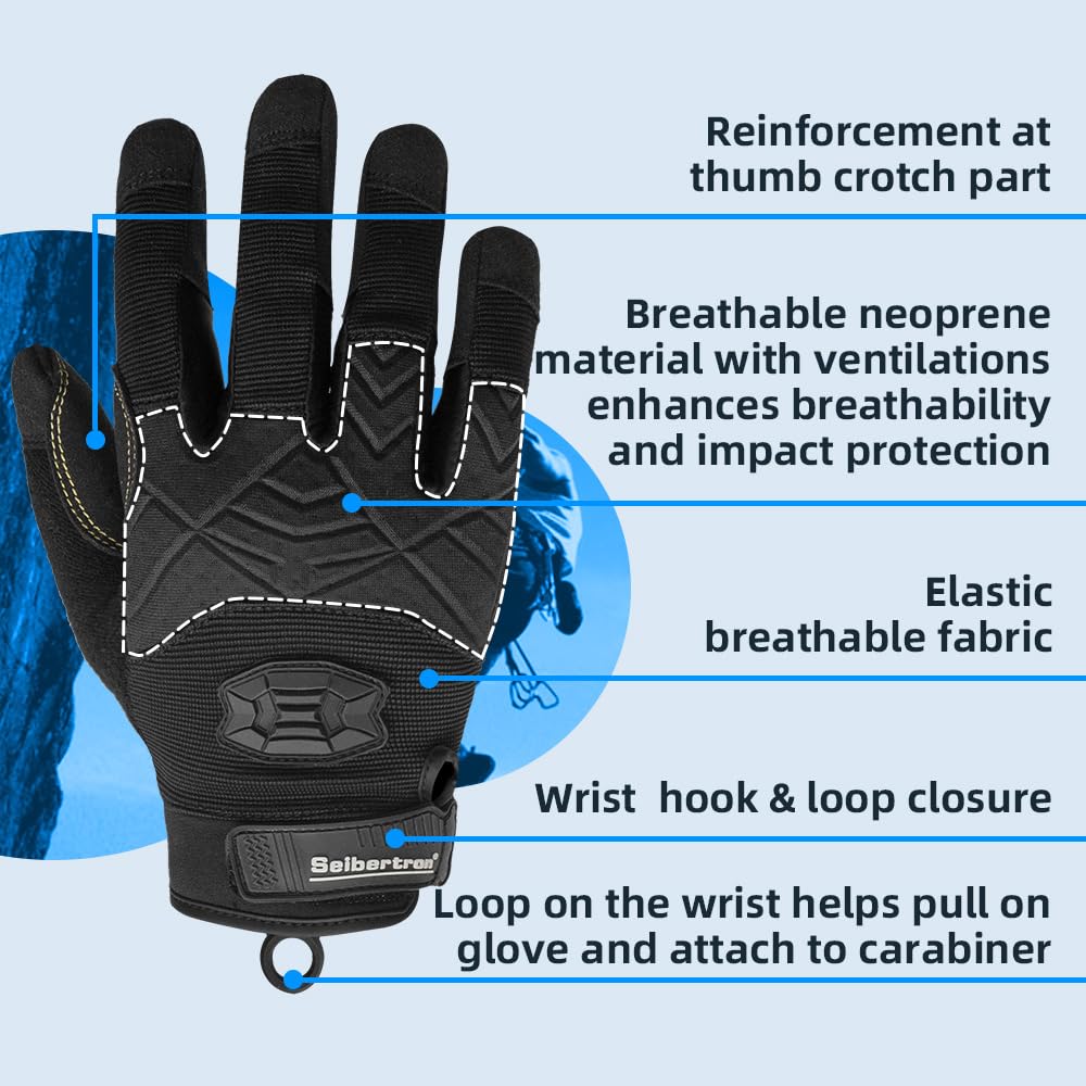 Full Finger Padded Palm Lightweight Breathable Climbing Rope Gloves for Climbers, Rock Climbing, Rescue, Adventure, Sailing, Kayaking, Outdoor Sports Black L