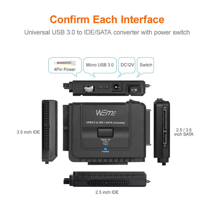 USB 3.0 to SATA/IDE Adapter with Universal 2.5/3.5 Hard Drive Disk Converter for HDD/SSD &amp; IDE HDD Support 6TB and One-Touch Backup Include 12V 2A Power Adapter + USB 3.0 Cable for Laptop