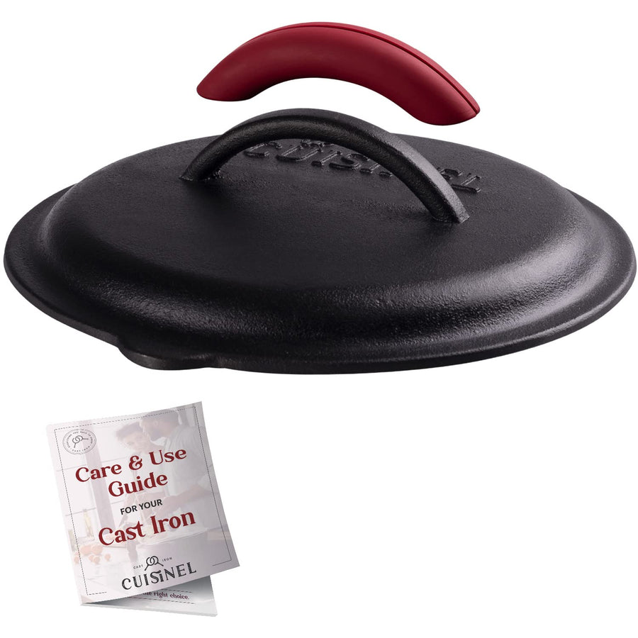 Cast Iron Lid - Fits 8-Inch / 20.32cm Lodge Skillet, Frying Pans or Braiser + Silicone Handle Holder + Care Guide - Pre-Seasoned Replacement Cover - Indoor/Outdoor, Oven, Open Fire, BBQ Safe