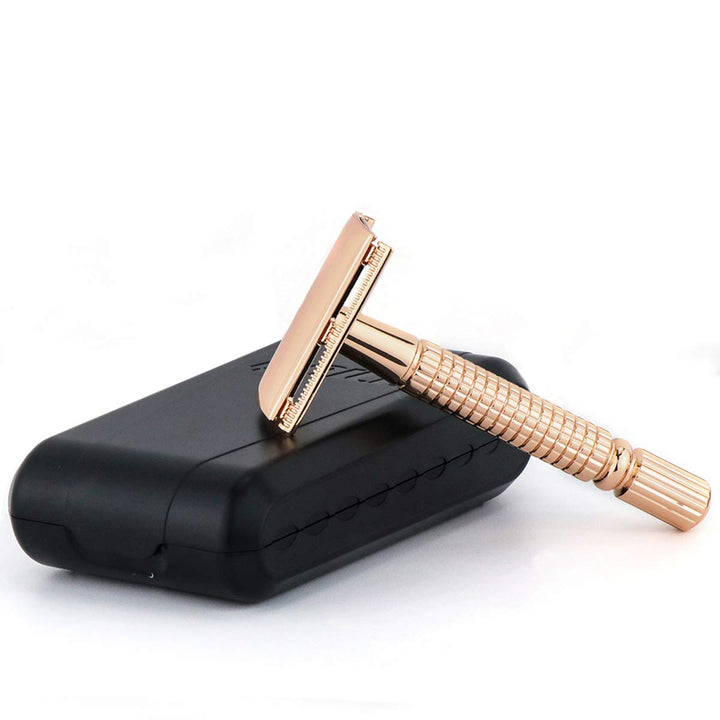 Men&#39;s T-Shaped Shaving Safety Razor Shaver Handle Trimmer Knife Beard Care +1 Blade +1 Mirror Travel Case Gold
