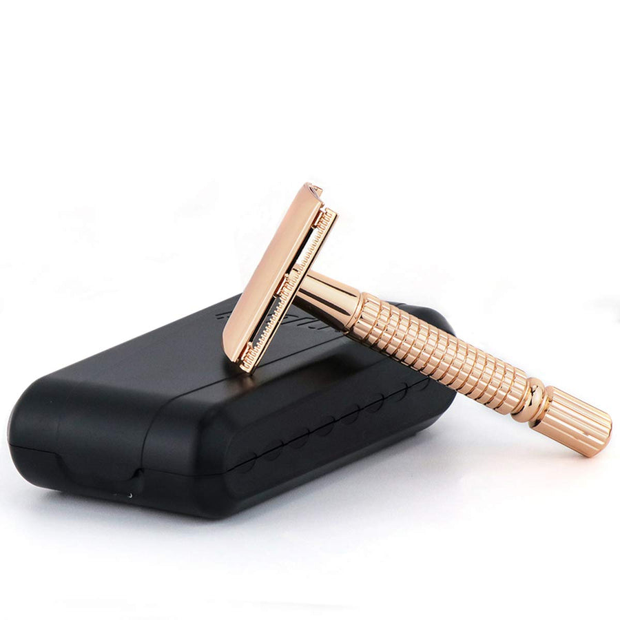 Men's T-Shaped Shaving Safety Razor Shaver Handle Trimmer Knife Beard Care +1 Blade +1 Mirror Travel Case Gold