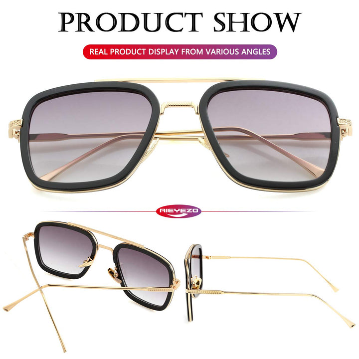 AIEYEZO Tony Stark Sunglasses Vintage Square Metal Fram