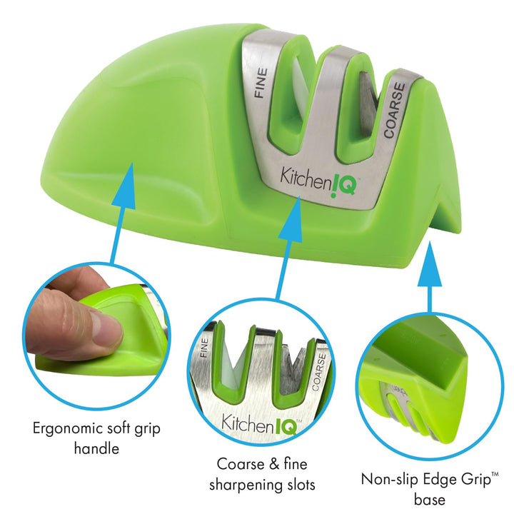 50881 - Edge Grip 2-Stage Knife Sharpener - Green - Coarse &amp; Fine Sharpeners -Compact for Easy Storage - Stable Non-Slip Base - Soft Grip Rubber Handle - Straight &amp; Serrated Knives