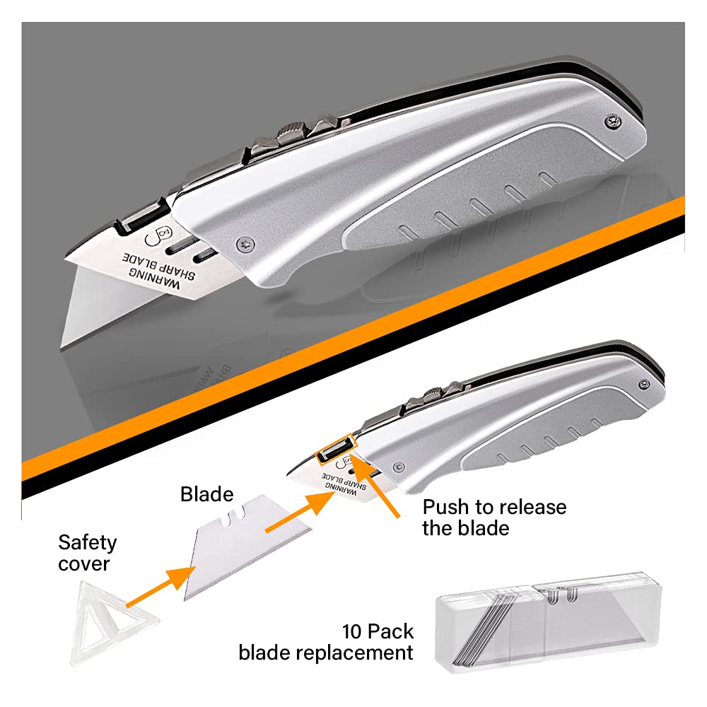 Retractable Razor Knife Set - Box Cutter Heavy Duty Retractable Box Cutter for Cartons, Cardboard, and Boxes, Extra 10 Blades Included