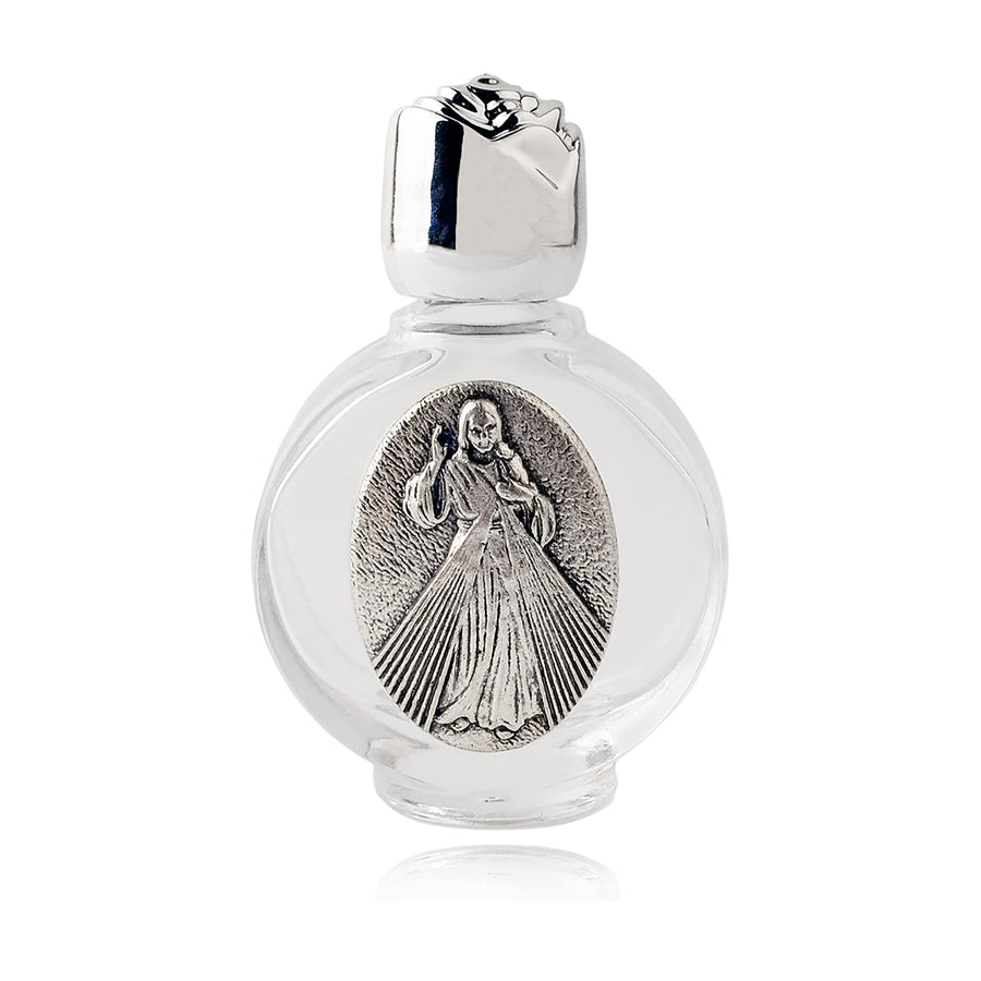 Glass Holy Water Bottle 0.5 floz with Silver-Toned Cap and Silver-Toned Depiction of The Holy Family (Divine Mercy)
