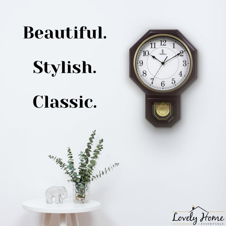 Chiming Wall Clock with Pendulum - Pendulum Wall Clock with Chimes - Schoolhouse Regulator Clock - Westminster Chime Clock Battery Operated Pendulum Clock for Living Room, Office &amp; Home Decor 17x11