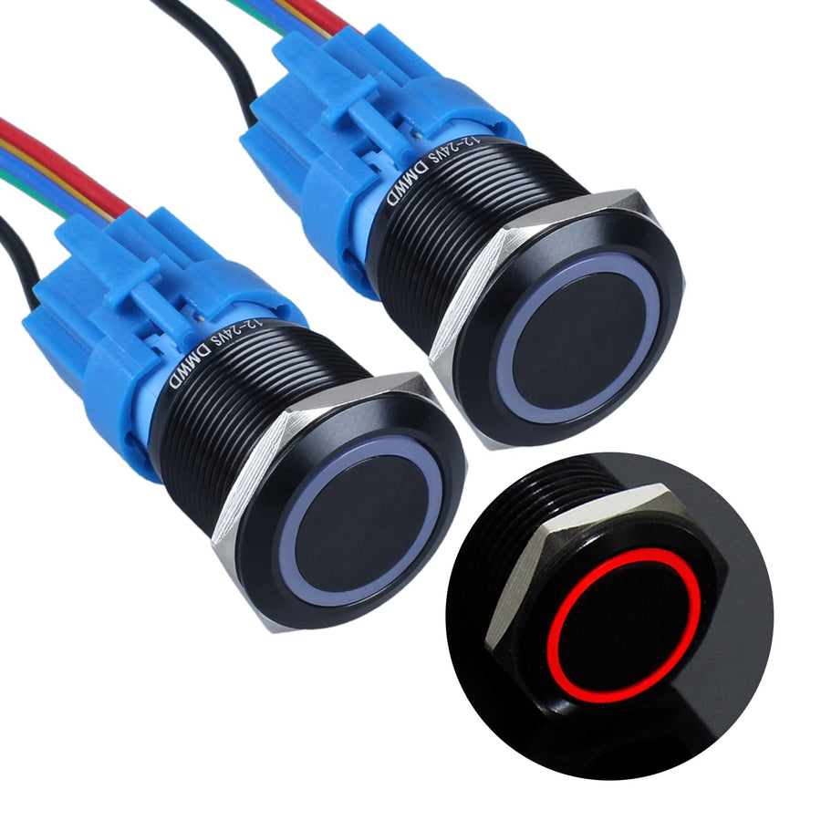2PCS 22mm Metal Latching Push Button Switch Waterproof Anti-Vandal Black Shell with Pre-Wired Socket for 7/8 Mounting Hole 12V-24V ON Off 1NO 1NC Halo Ring Red LED