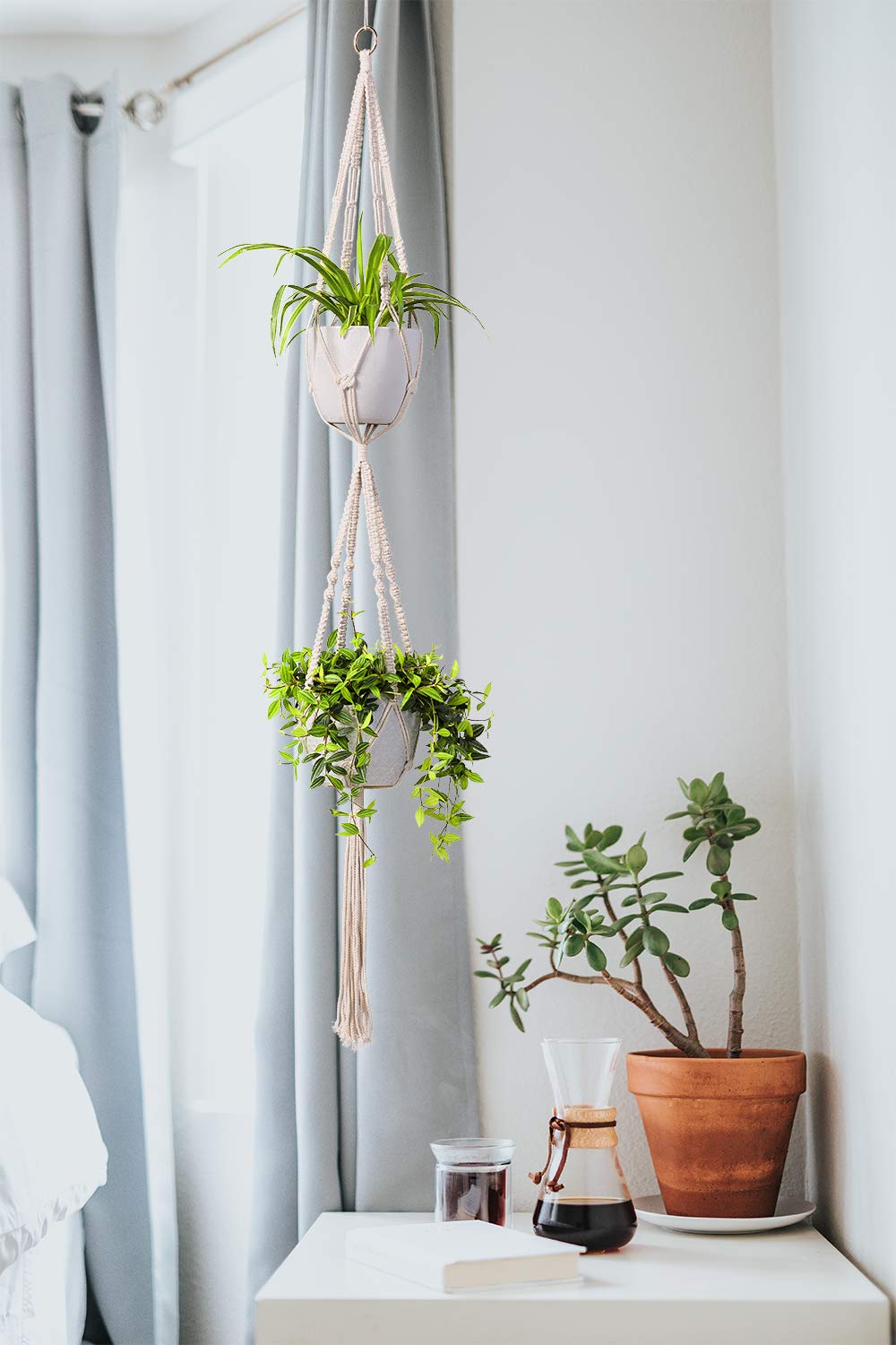 2 Tier Macrame Plant Hanger Handmade Double Indoor Hanging Planter Pot Holder - Modern Boho Home Decor - 1 PCS Ceiling Hook
