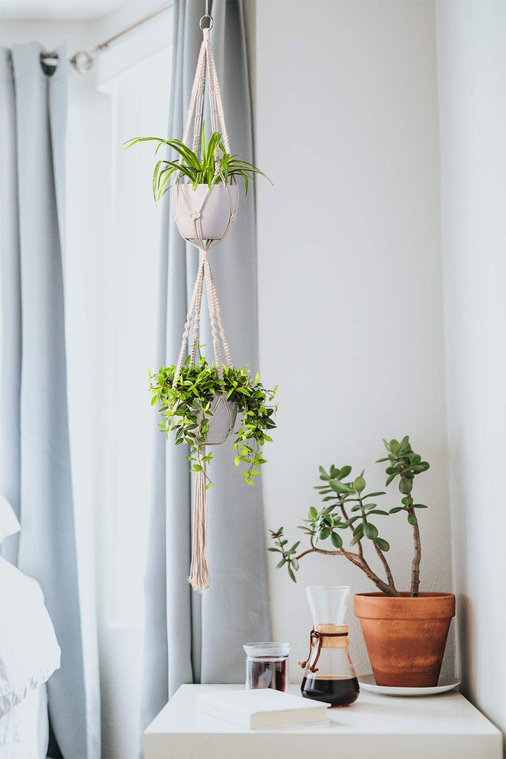 2 Tier Macrame Plant Hanger Handmade Double Indoor Hanging Planter Pot Holder - Modern Boho Home Decor - 1 PCS Ceiling Hook