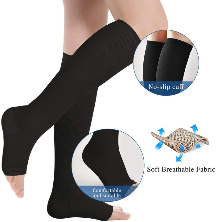 3 Pairs Open Toe Compression Socks Women Knee High Toeless 15-25 mmHg