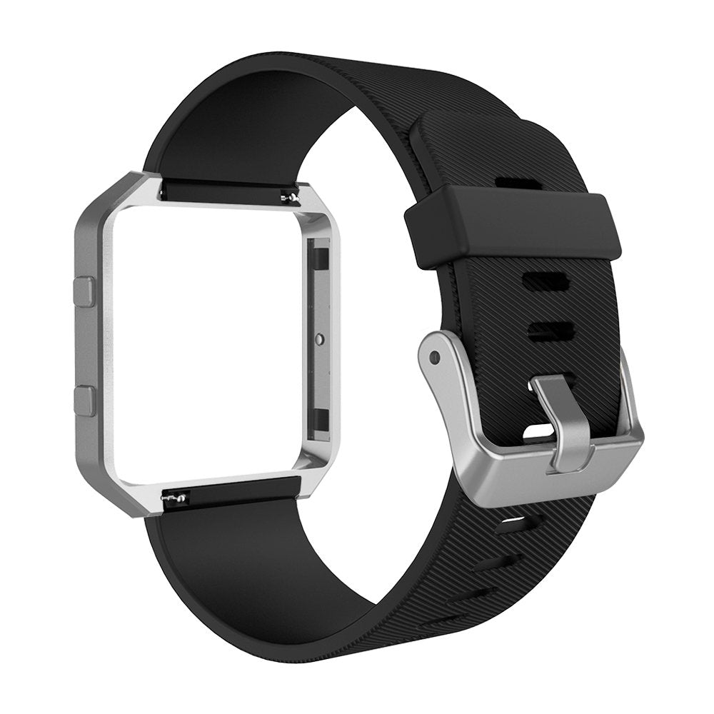 Sport Band Compatible with Fitbit Blaze Smartwatch Sport Fitness, Silicone Wrist Band with Meatl Frame Replacement for Fitbit Blaze Men Women, Large, Black Band+Silver Frame