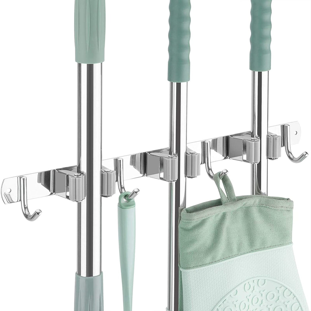 Stainless Steel Broom Holder Bathroom Storage Wall Mount Metal Holder for Heavy Duty Tool Organizer (3 Clips 4 Hooks)
