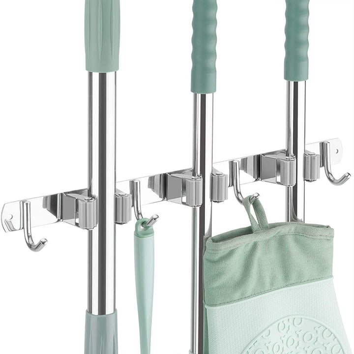 Stainless Steel Broom Holder Bathroom Storage Wall Mount Metal Holder for Heavy Duty Tool Organizer (3 Clips 4 Hooks)