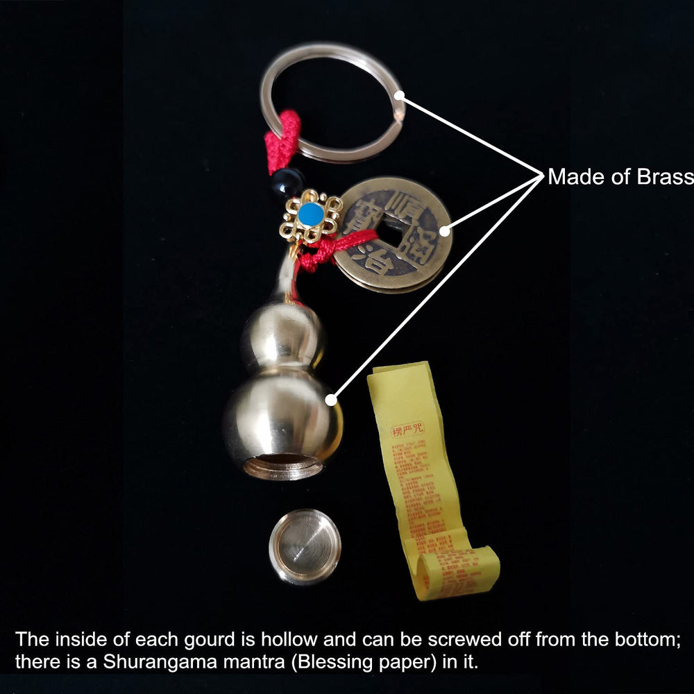 3 Pieces Chinese Gourd Brass Wu Lou Keychains with 1 Pcs Brass Ear Spoon Keychain, Feng Shui Coins Calabash Decorations Pendant for Good Luck, Wealth Success and Longevity, Blessing Paper in it