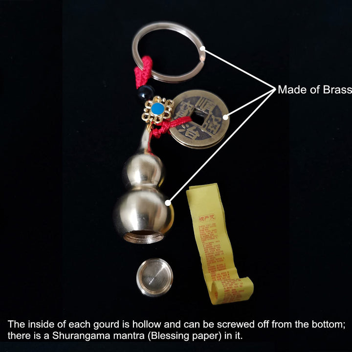 3 Pieces Chinese Gourd Brass Wu Lou Keychains with 1 Pcs Brass Ear Spoon Keychain, Feng Shui Coins Calabash Decorations Pendant for Good Luck, Wealth Success and Longevity, Blessing Paper in it