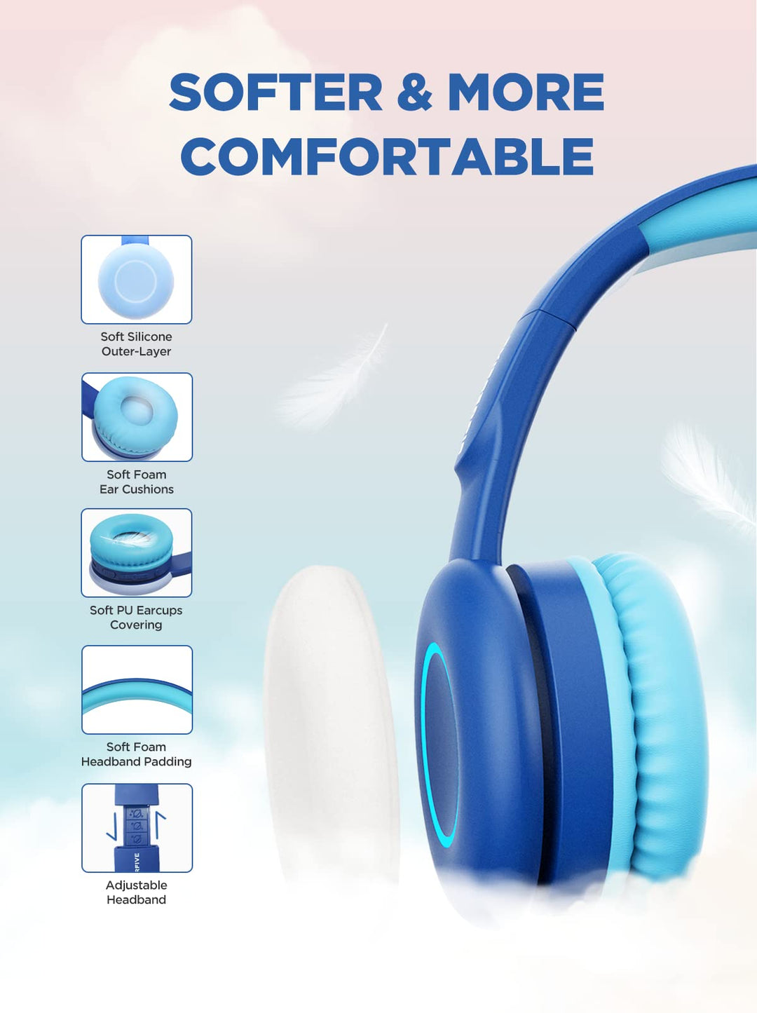Kids Wireless Bluetooth Headphones with 7 Colorful LED Lights, 50H Playtime, Microphone, 85dB/94dB Volume Limited, Foldable On Ear Headphones for School/Girls/Boys/Fire Tablet, Blue