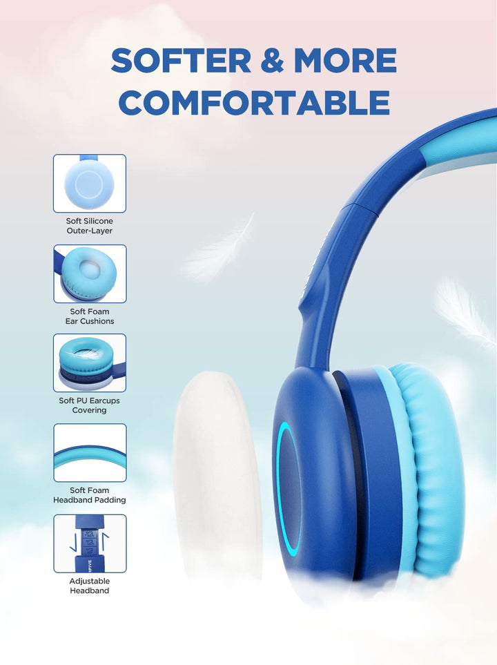 Kids Wireless Bluetooth Headphones with 7 Colorful LED Lights, 50H Playtime, Microphone, 85dB/94dB Volume Limited, Foldable On Ear Headphones for School/Girls/Boys/Fire Tablet, Blue