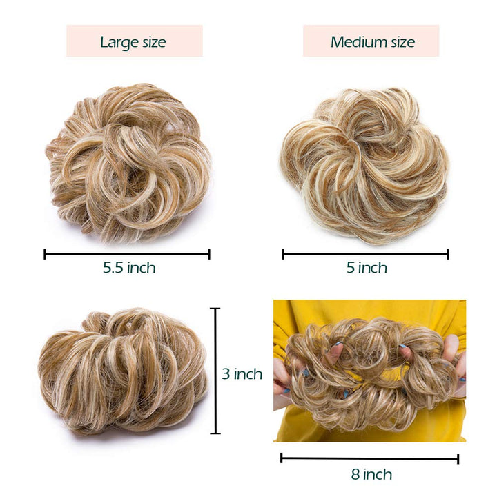 Synthetic Hair Bun Hair Pieces Messy Scrunchy Wavy Scrunchie Updo Elastic Donut Thick Full Wedding Bridal Hairpiece Easy Bun Updos for Women Kids 1pcs 40g #12h24 Light Brown Mix Ash Blonde
