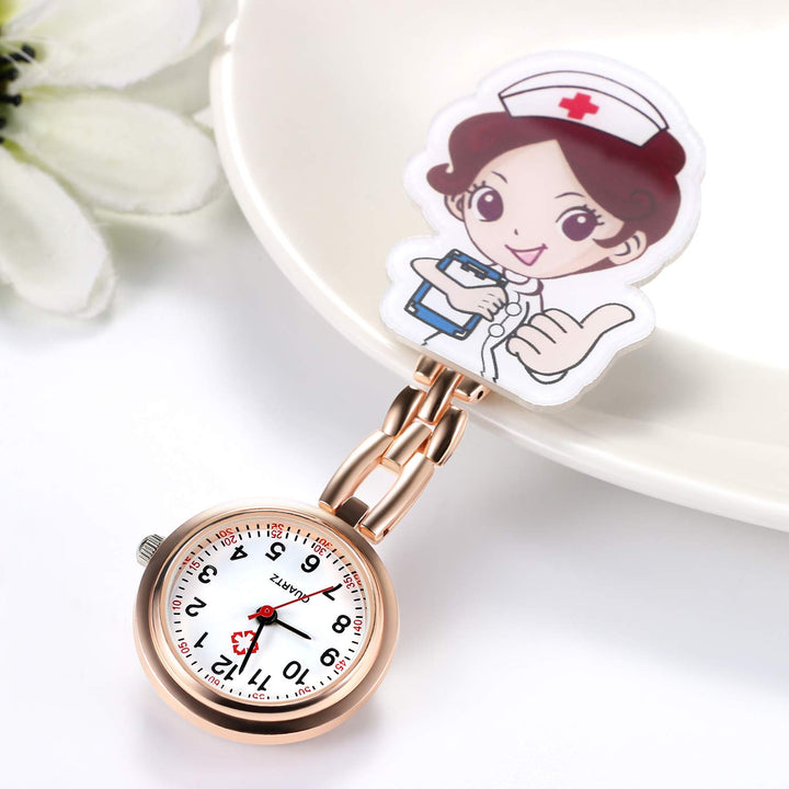 Nurse Watches Cute Cartoon Design Clip-on Fob Watches Analog Quartz Lapel Watches Brooch Hanging Nursing Watches for Women (5 Pcs) (rosegold)