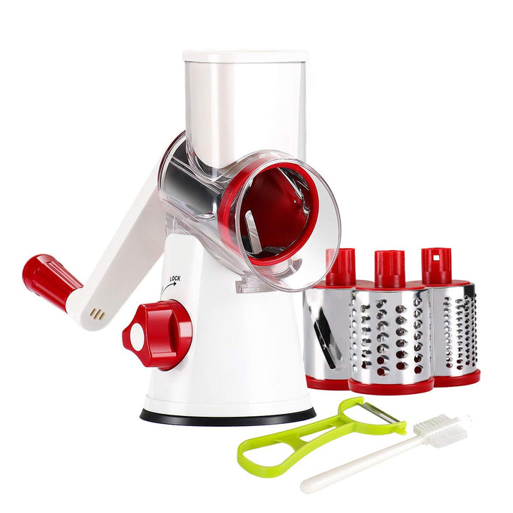 Rotary Cheese Grater Hand Crank, Kitchen Shredder Speed Mandolin Slicer Nuts Grinder with Handle and Drum Blades for Cheese, Vegetable, Chocolate, Potato, Carrot, 3 Blades, White Red