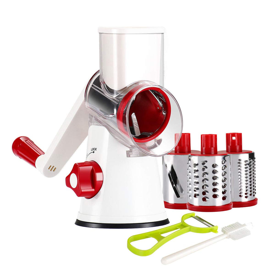 Rotary Cheese Grater Hand Crank, Kitchen Shredder Speed Mandolin Slicer Nuts Grinder with Handle and Drum Blades for Cheese, Vegetable, Chocolate, Potato, Carrot, 3 Blades, White Red