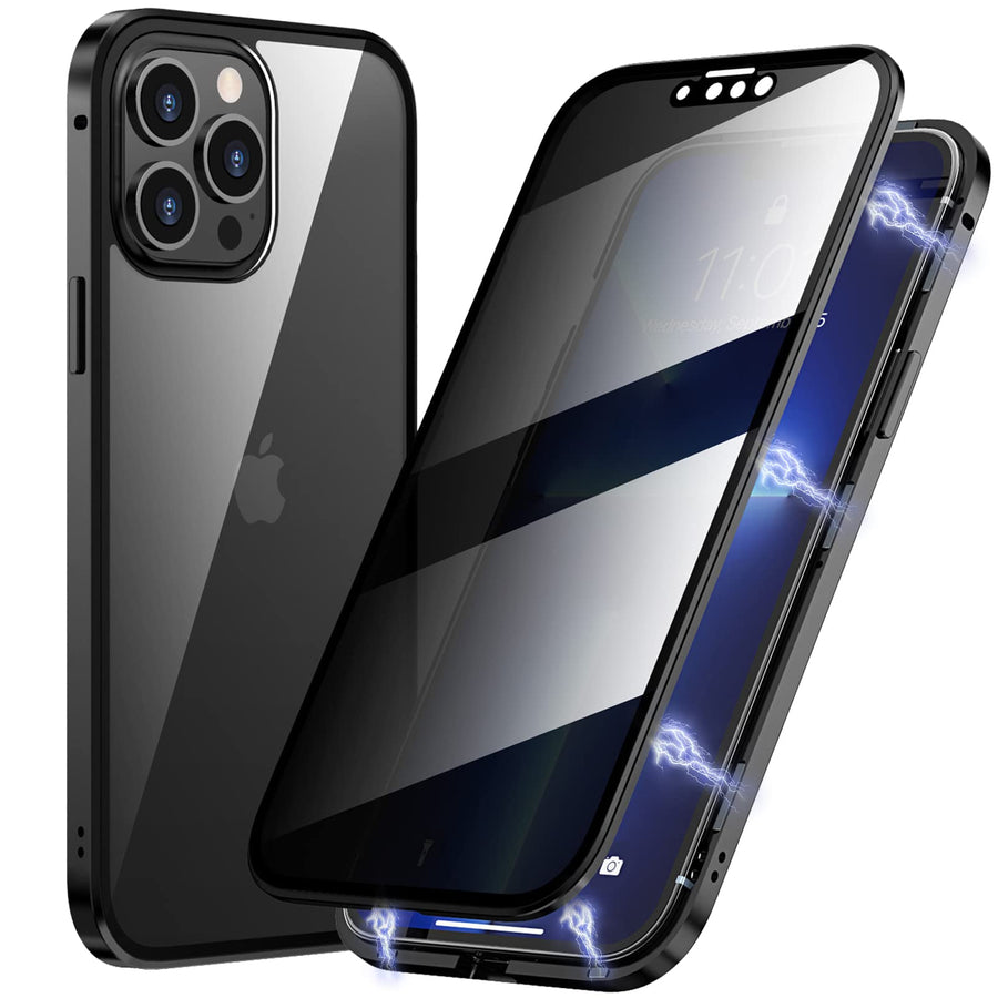 Privacy Magnetic Case for iPhone 12/12 Pro, Anti peep Magnetic Adsorption Cover Front & Back Tempered Glass Full Screen Covered, Privacy Screen Protector Metal Frame Phone Case Black