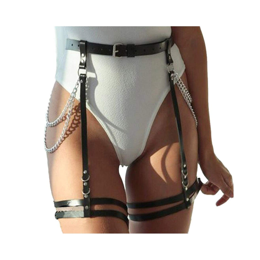 Punk Leather Waist Chain Black Sexy Harness Belt Belly Chains Nightclub Party Prom Rave Leg Thigh Body Chian Jewelry Accessories for Women and Girls