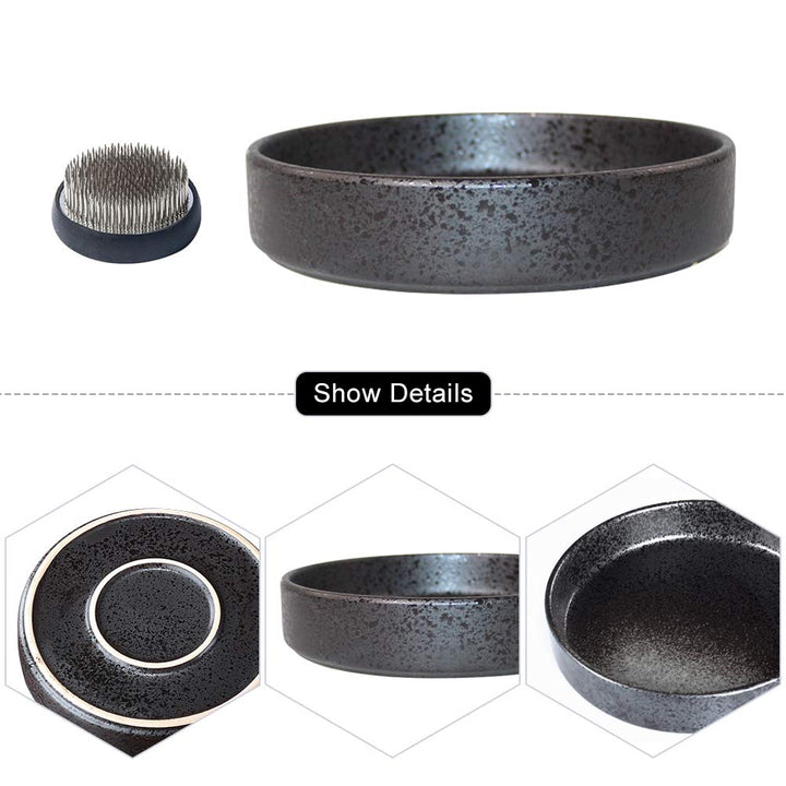 Flower Arranging Supplies, Round Ceramic Ikebana vases with 6cm Round Flower Frog for Ikebana Floral Arrangement Home Decoration, Black Spotted