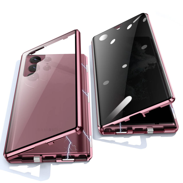 Anti Peeping Case for Samsung Galaxy S22 Ultra, 360 Degree Front and Back Privacy Tempered Glass Cover, Anti SPY Screen and Magnetic Adsorption Metal Bumper (Burgundy)