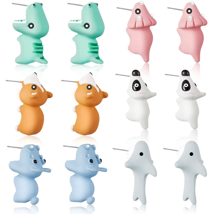 6 Pairs Cute Animal Bite Earring Handmade Alloy Clay Stud Earrings 3D Cartoon Dinosaur Shark Animal Stud Earring for Women Christmas New Year