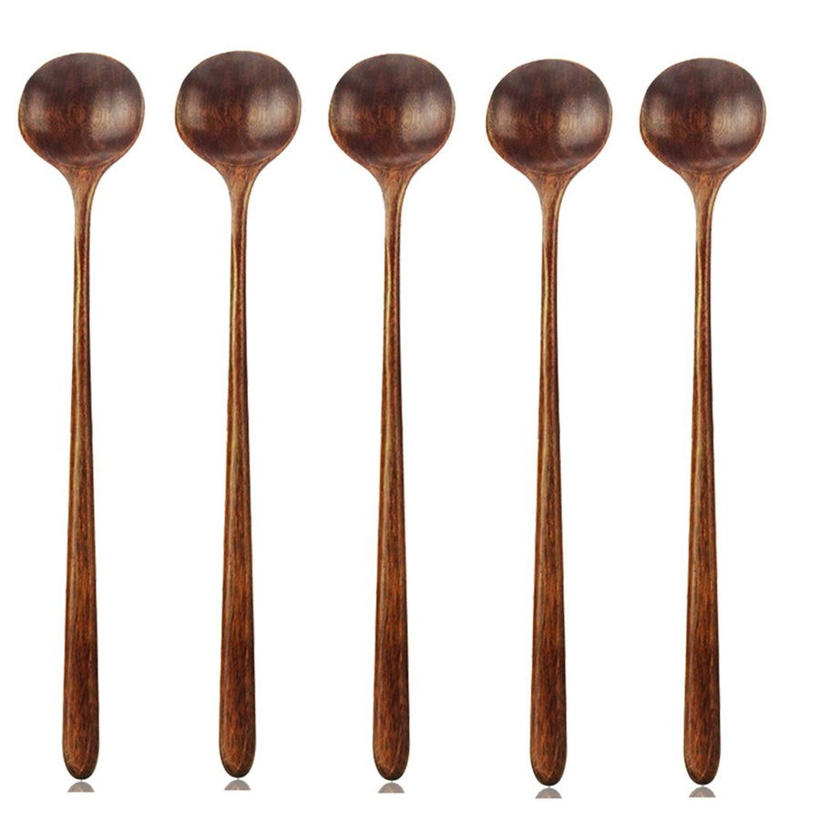 Long Spoons Wooden, 5 Pieces Korean Style 10.9 inches 100% Natural Wood Long Handle Round Spoons for Soup Cooking Mixing Stirrer Kitchen Tools Utensils, FDA Approved(Korean Style Soup Spoon)