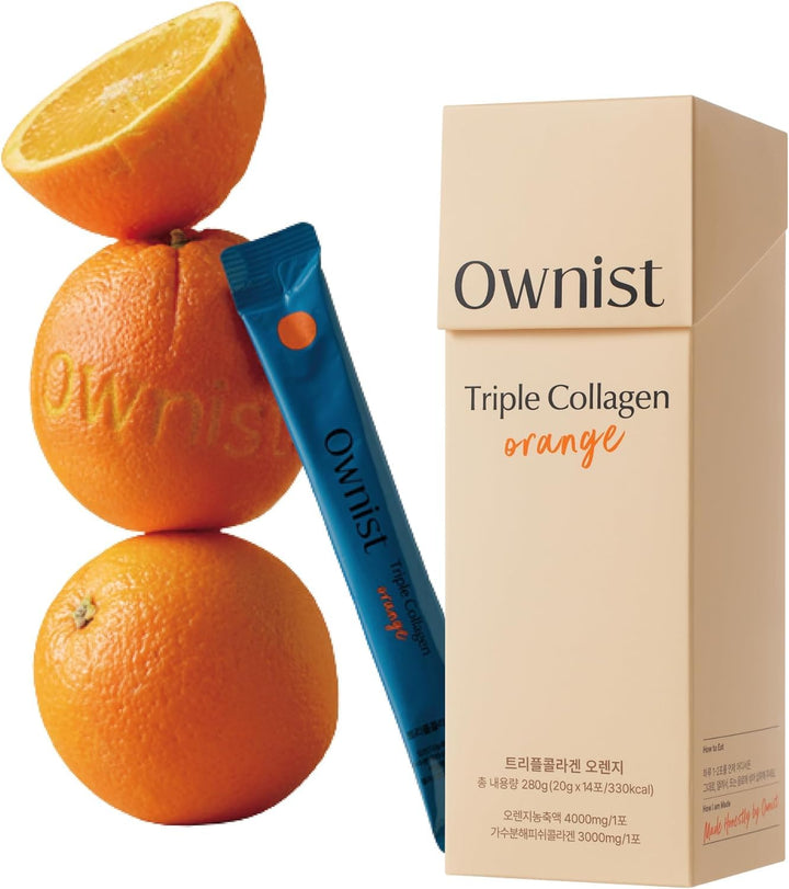 Triple Collagen Liquid Packets On-The-Go - Peptides with Hydrolyzed Marine Collagen, Elastin, Hyaluronic Acid and Vitamin for Healthy Skin - Orange Flavor - 14 Individual Stick Packs