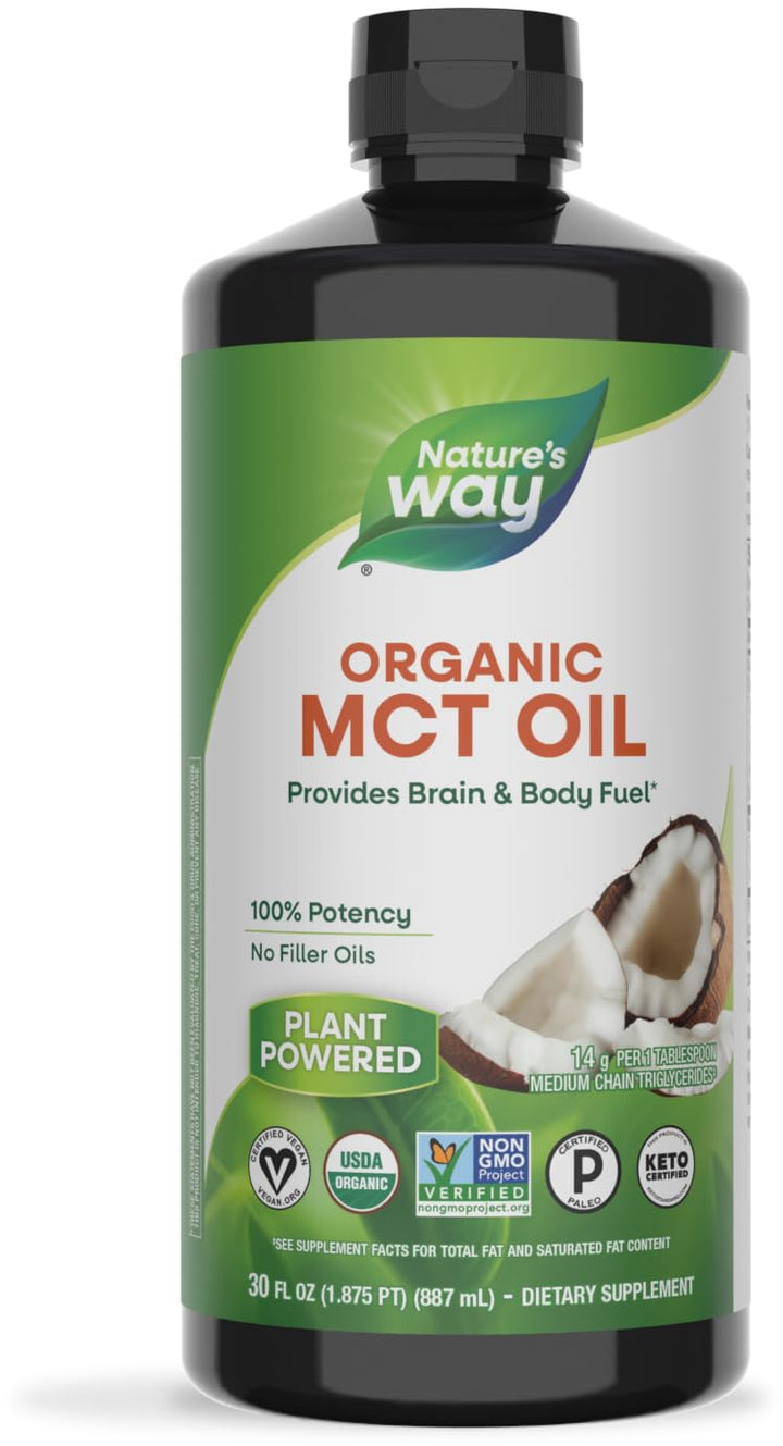 Nature&#39;s Way Organic MCT Oil, 30 Fl Oz, Brain and Body Fuel from Coconuts*, C8 Caprylic Acid and C10 Capric Acid, Keto and Paleo Certified, Organic, Non-GMO Project Verified (Packaging May Vary)