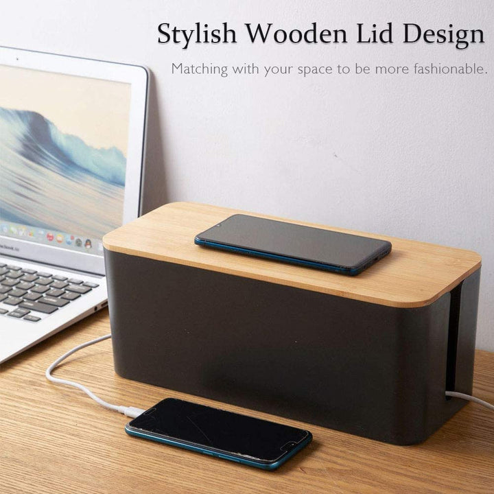 [Set of Three] Cable Management Organizer Box, Large Storage Bamboo Lid Wires Concealer Holder for Home, Office, TV, Computer, Great to Cover Hide Tidy Surge Protector Power Strips &amp; Cord (Black)