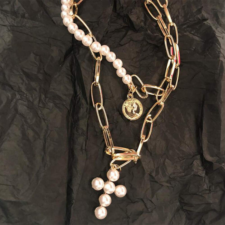 Bohemia Layered Choker Necklace Pearl Cross Necklace Coin Neckalce Gold Disc Coin Pearl Cross Charm Pendant Necklace for Women and Girls