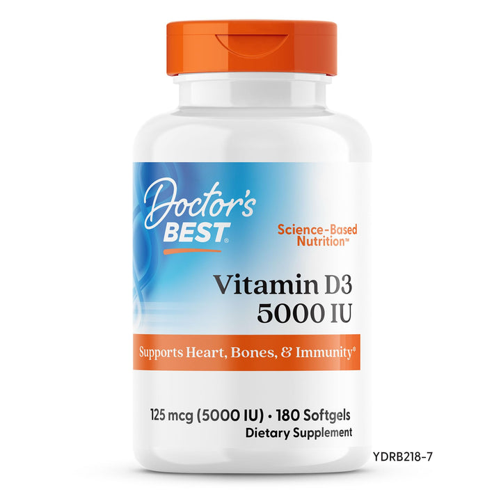 Doctor&#39;s Best Vitamin D3 5000IU, Non-GMO, Gluten &amp; Soy Free, Regulates Immune Function, Supports Healthy Bones, White, No Flavour, 180 Count