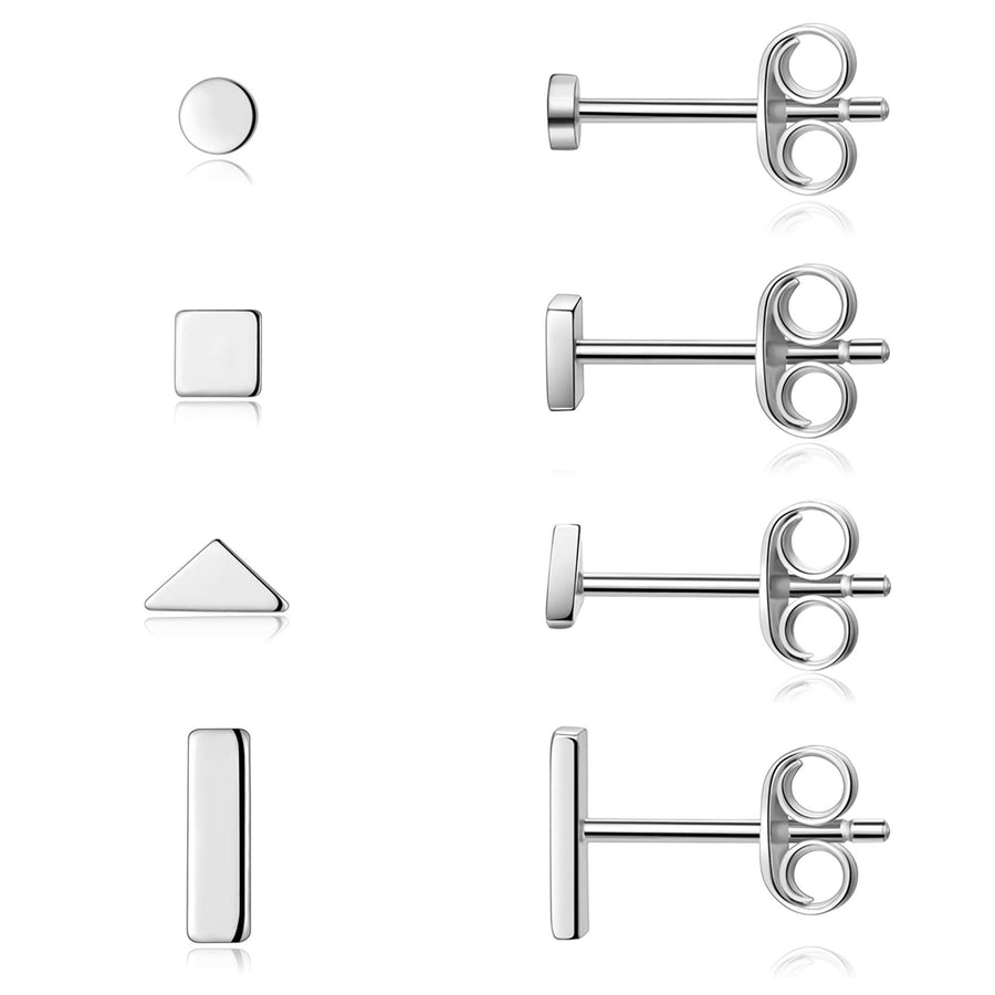 Sterling Silver Stud Earrings for Women Men- 4 Pairs of Hypoallergenic Simple Geometric Small Stud Earring Set Tiny Circle Triangle Square Bar Stud Earrings Mini Cartilage Tragus Earrings(Sliver)
