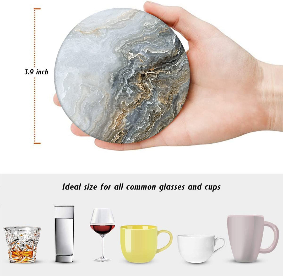 Coaster for Drinks Set of 6, Grey Marble Golden Stone Agate Table Absorbent Round Ceramic Stone Mat, with Cork Base and Metal Holder, Gift for Housewarming Room Bar Decor