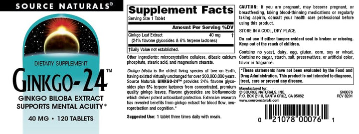 Source Naturals Ginkgo-24 - Ginkgo Biloba Extract Supports Mental Acuity* - 40 mg, 120 Tablets