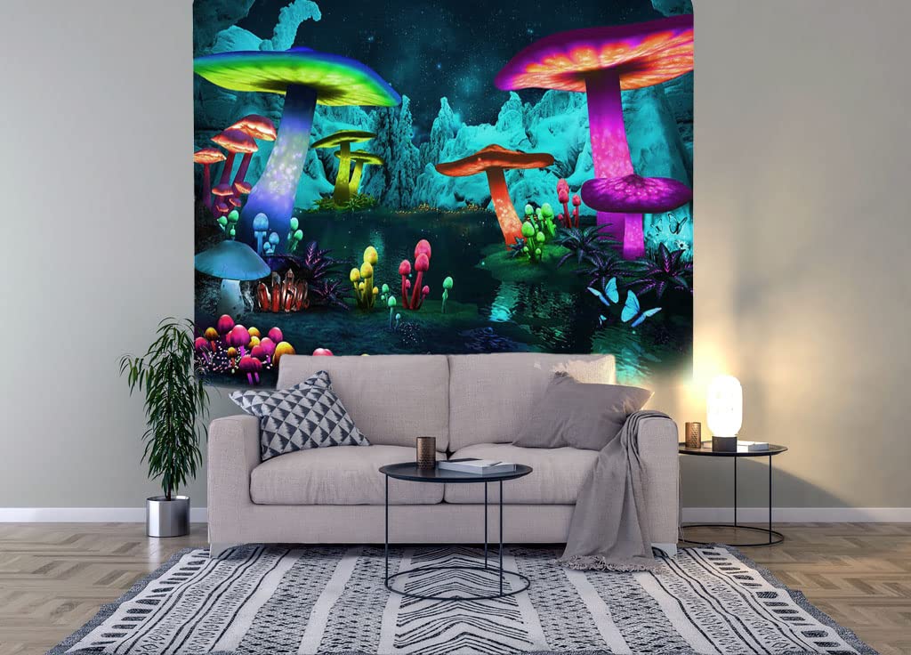 Astronaut and Mushroom Forest Planet Blacklight Tapestry UV Reactive Tapestry for Bedroom Trippy Tapestry Black Light Tapestry Aesthetic Wall Hanging for Room Home Decor