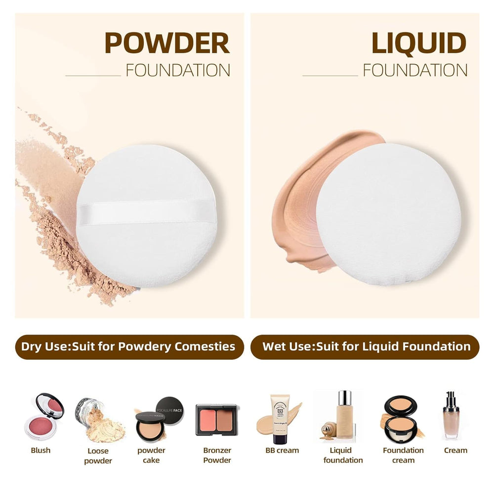10 Pcs Powder Puff for Powder Foundation and Loose Powder, Ultra Soft Round Cotton Smooth Apply Puff with Ribbon Band Handle 3.15 Inch