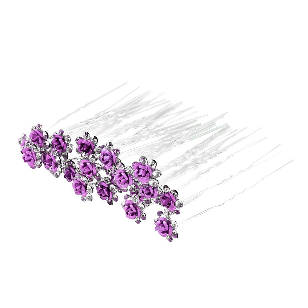 Purple Set: Insowni 40Pcs Bridal Wedding Rhinestone Rose Flower U-Shaped Hair Pins &amp; 6Pcs Twist Pearl Hairpins Headpiece Set In Gift Box For Women Girls Bridesmaid (Purple Set)