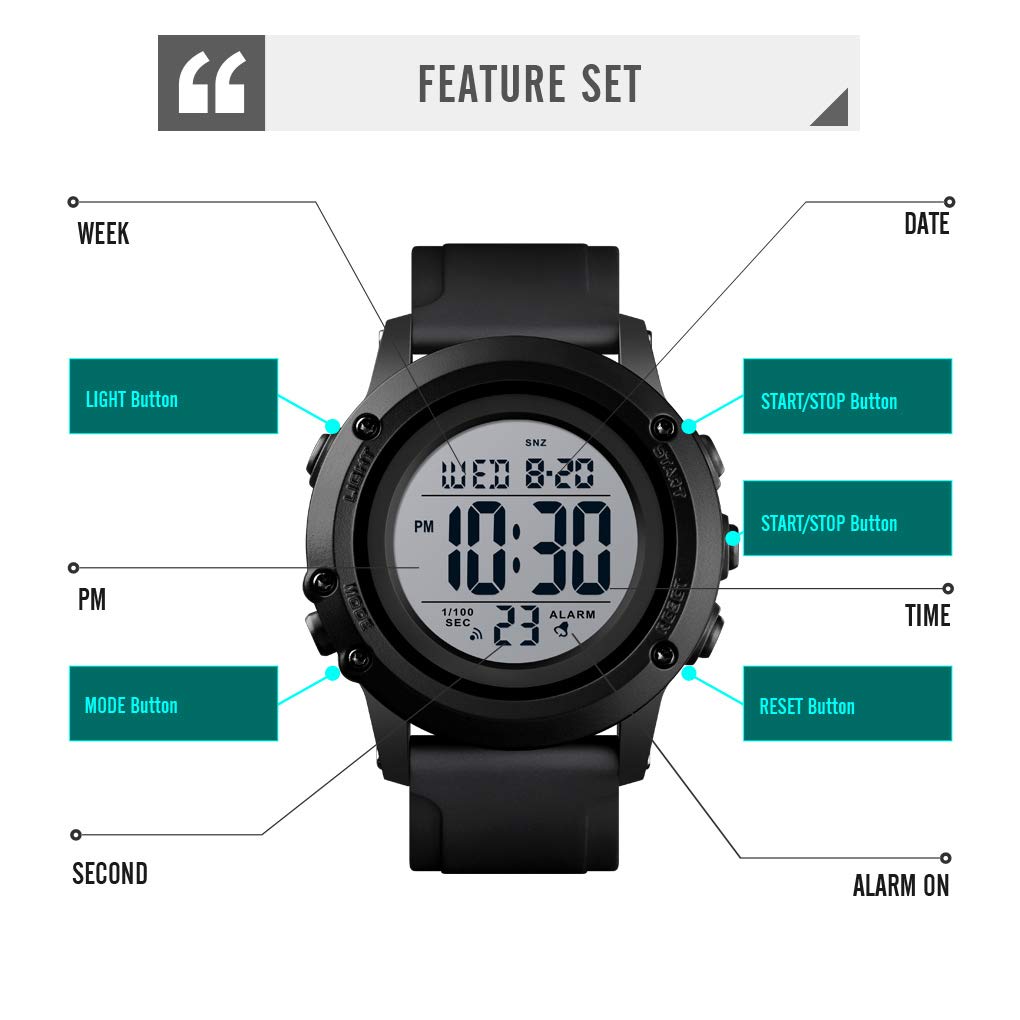 Men&#39;s Digital Sports Watch Large Face Waterproof Wrist Watches for Men with Stopwatch Alarm LED Back Light
